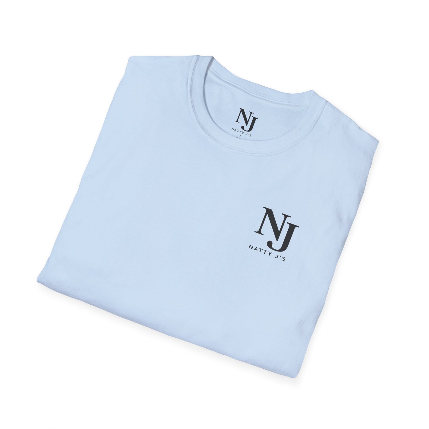 Folded light blue t-shirt with NJ logo on a white background