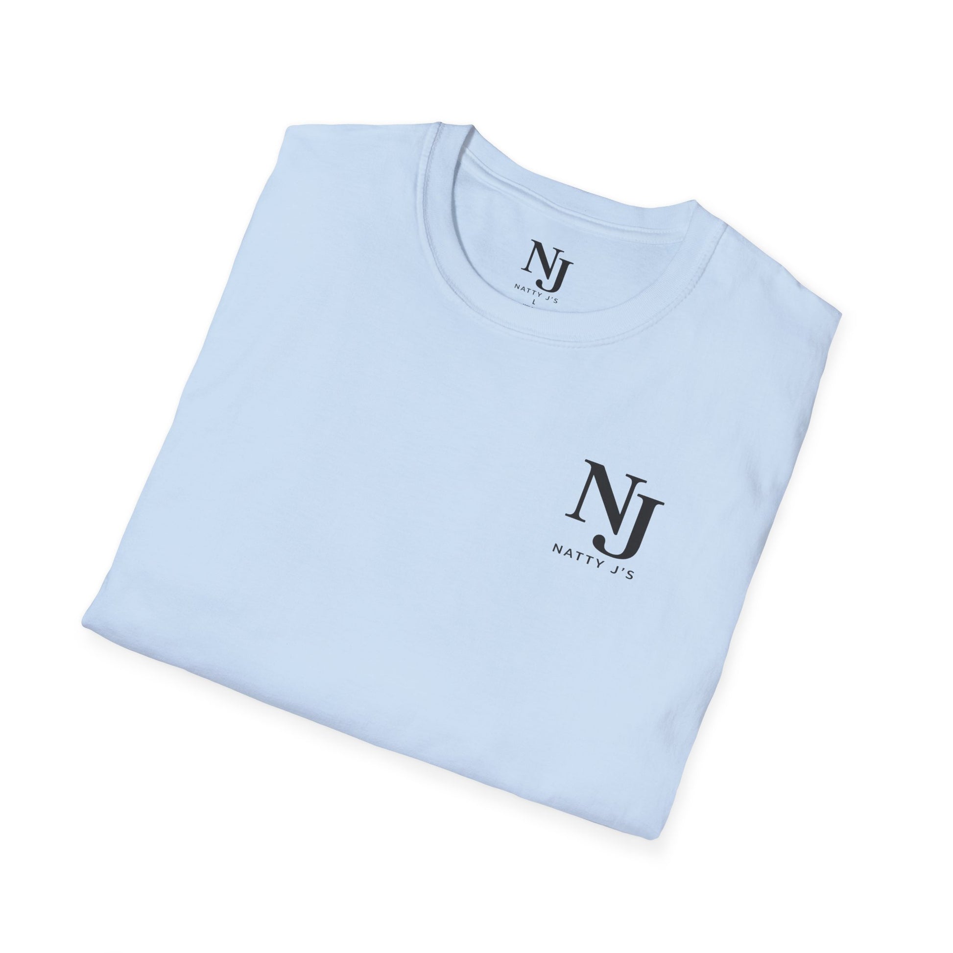 Folded light blue t-shirt with NJ logo on a white background