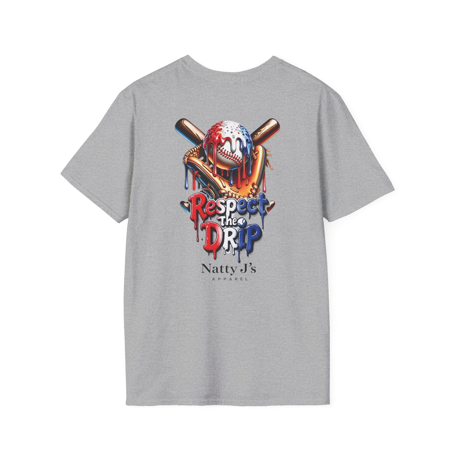 Gray t-shirt with a graphic design on the back featuring a baseball  bat, and glove with text 'Respect the Drip' and 'Natty J's Apparel'.