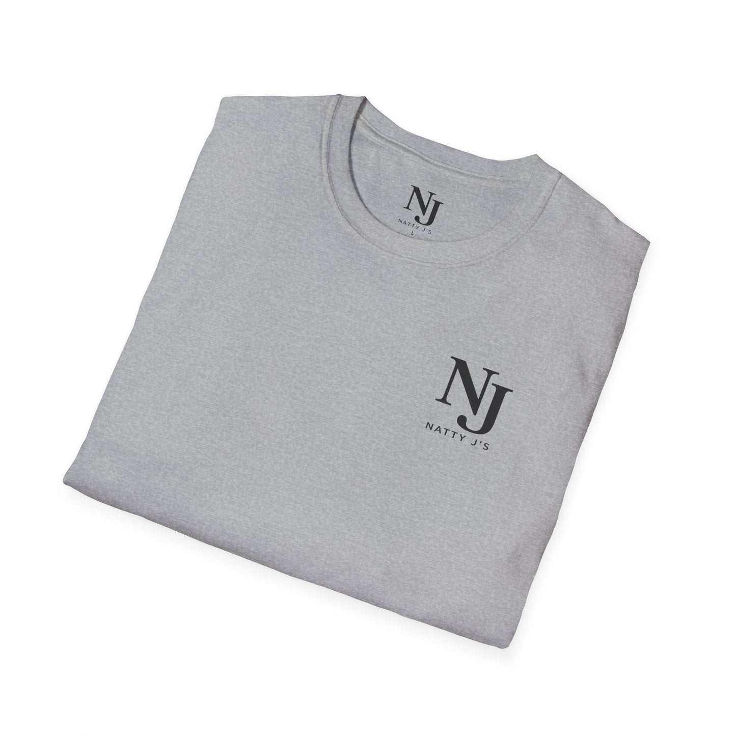 Folded gray t-shirt with NJ logo on a white background