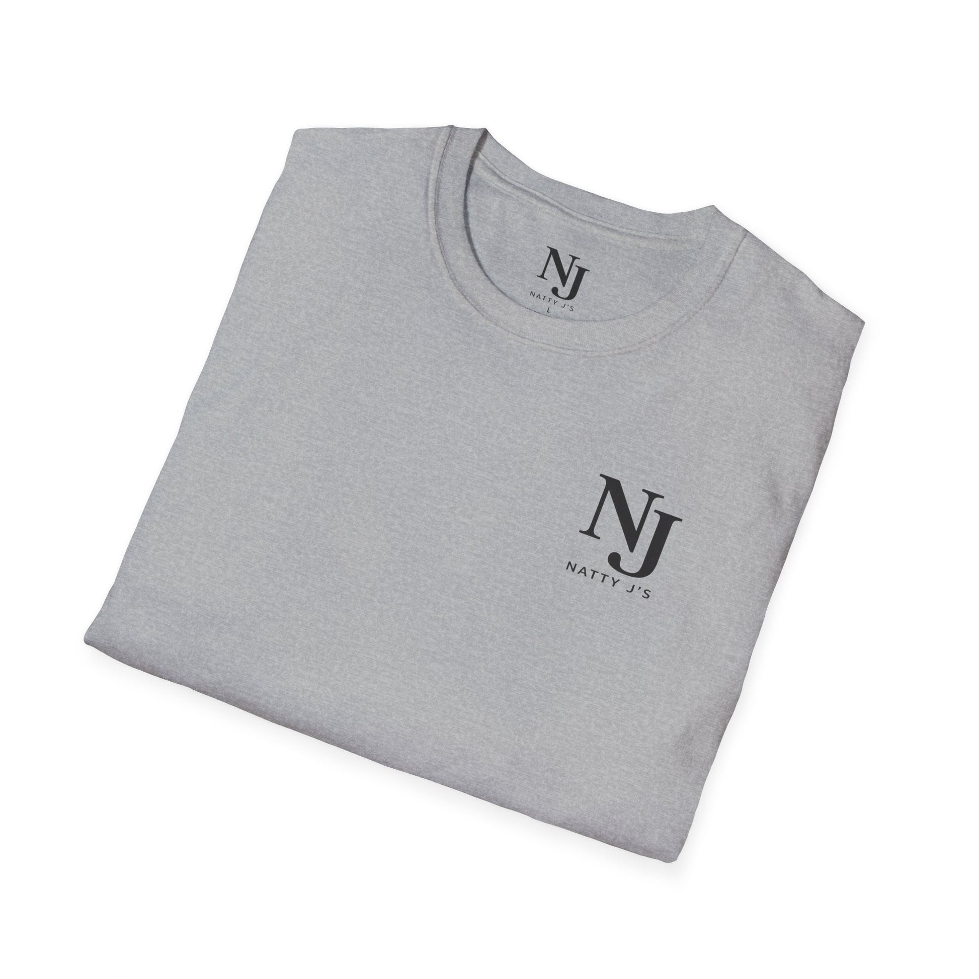 Folded gray t-shirt with NJ logo on a white background