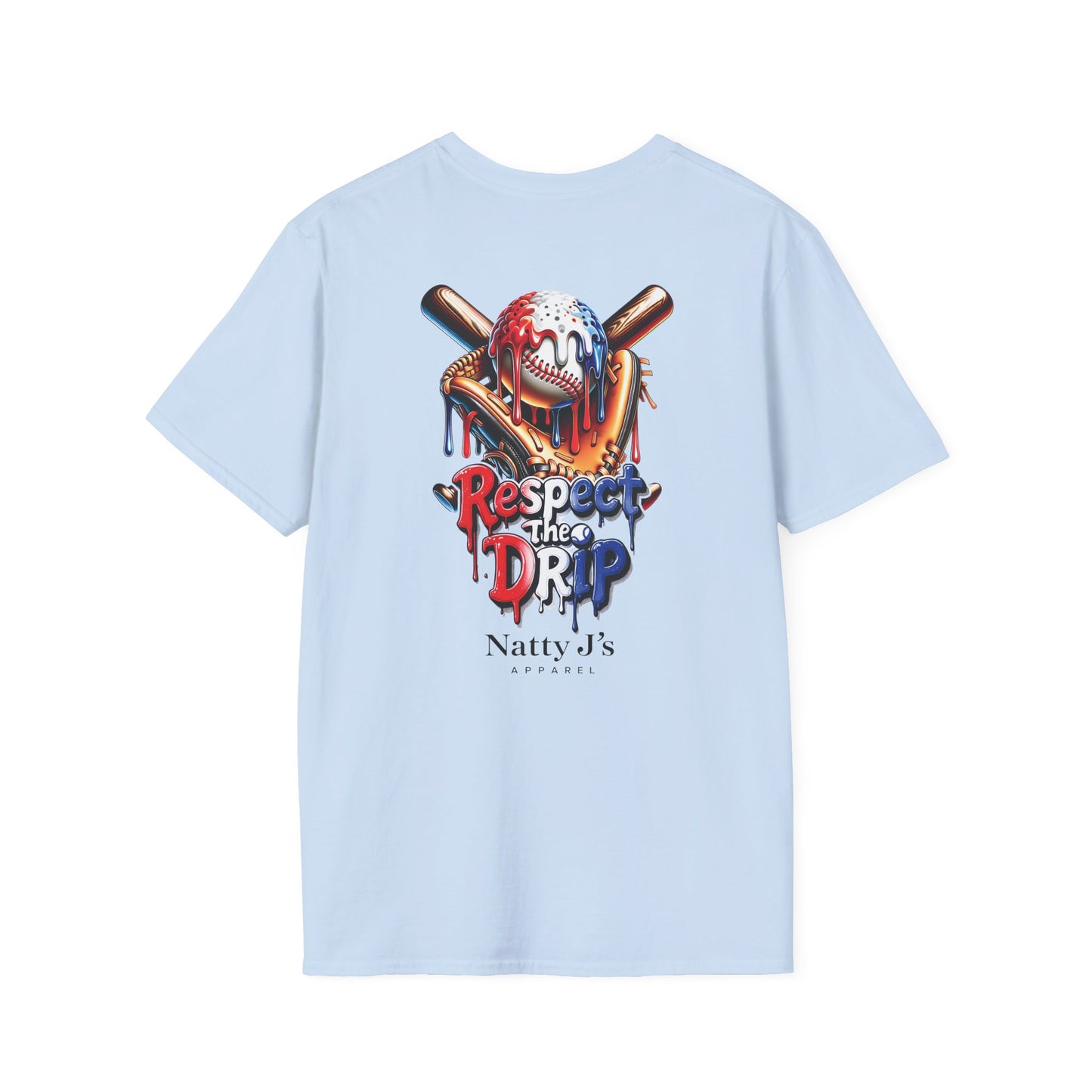 Light blue t-shirt with a graphic design on the back featuring a baseball, Glove, Crossed Bats and text, on a white background.