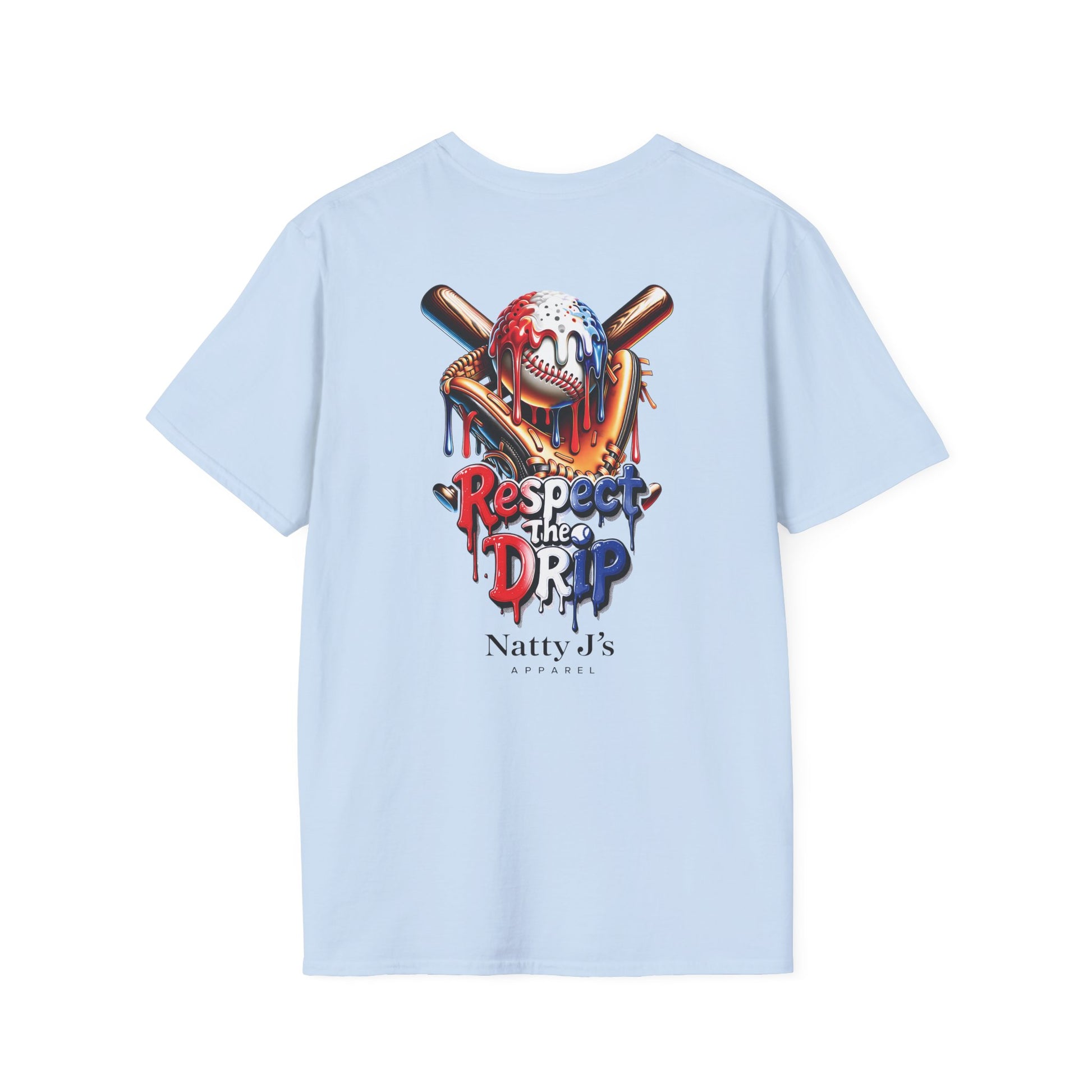 Light blue t-shirt with a graphic design on the back featuring a baseball, Glove, Crossed Bats and text, on a white background.