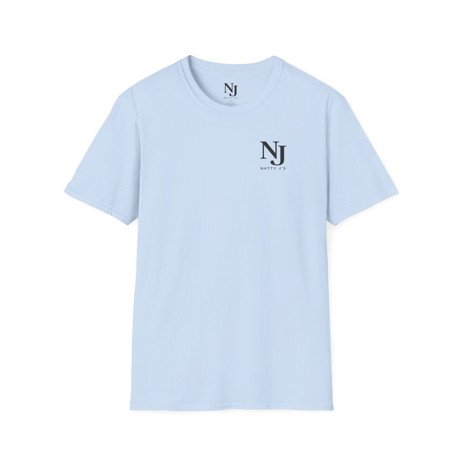 Light blue t-shirt with a logo and text on a white background