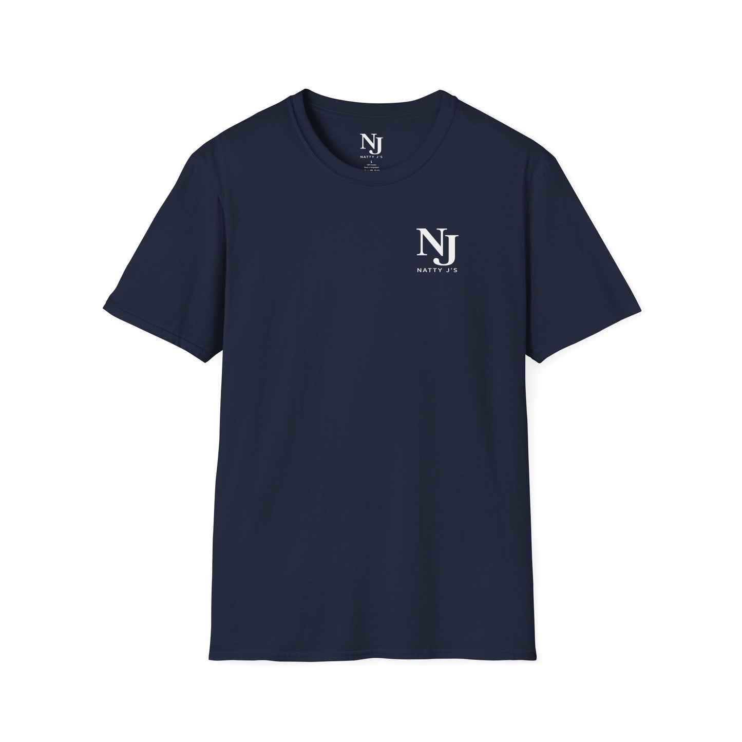 Navy blue t-shirt with a graphic of NJ Natty J's on a white background