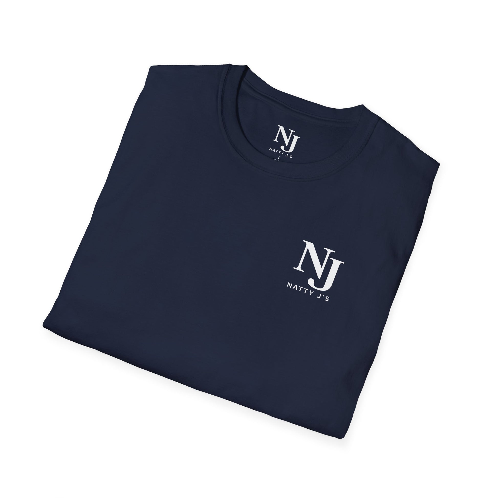 Folded navy blue t-shirt with 'Natty J's' logo on a white background