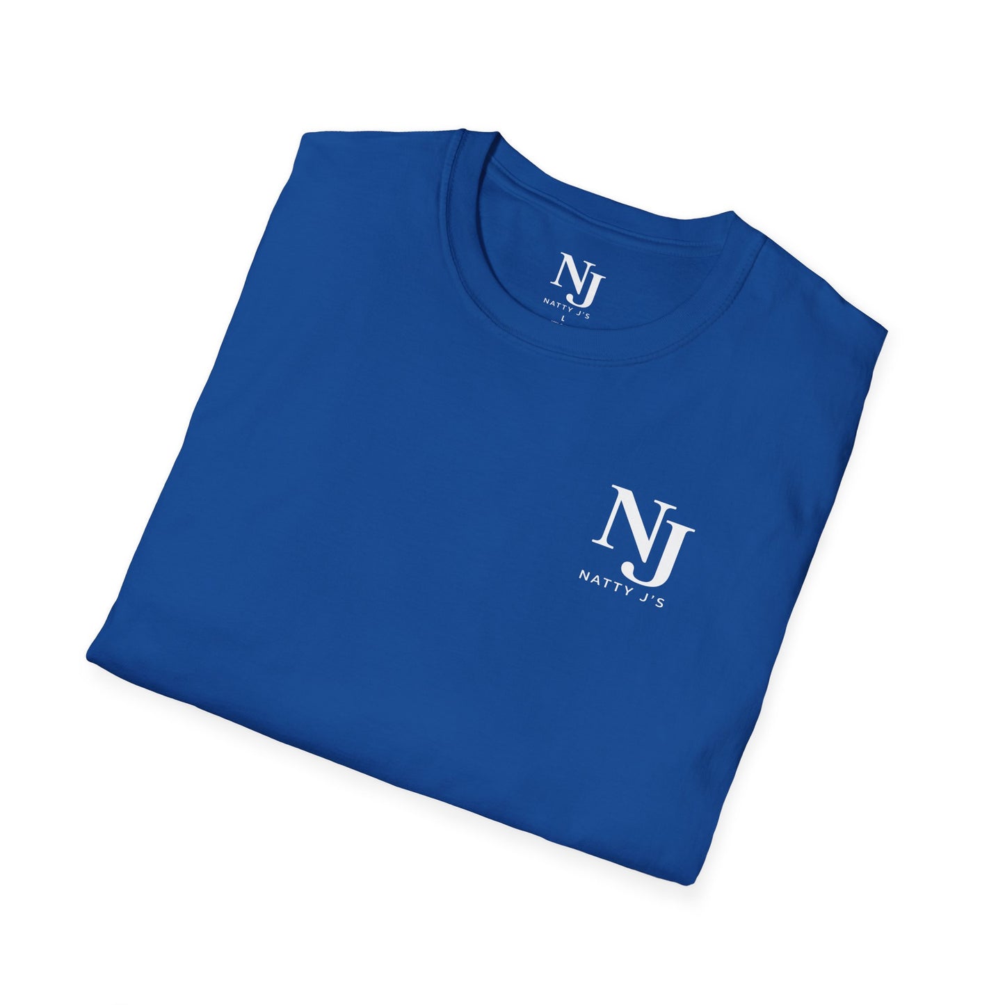 Royal Blue Folded blue t-shirt with 'Natty J's' logo on a white background