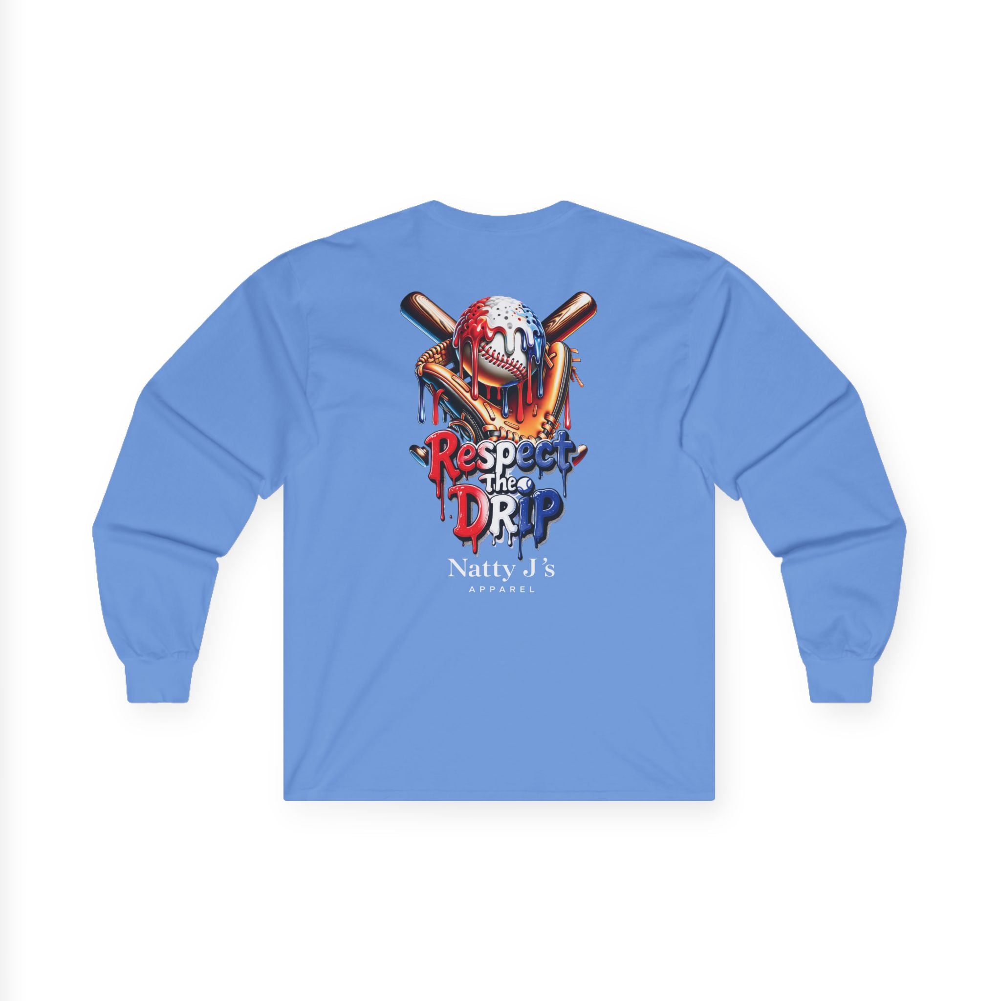 Blue long-sleeve shirt with a graphic design on the back featuring a baseball and text, on a white background.