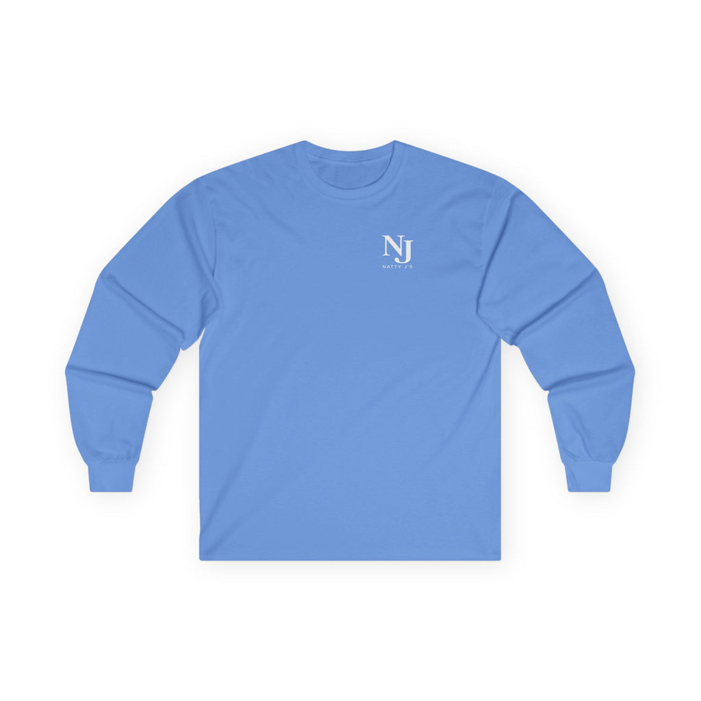 Blue long-sleeve shirt with 'NJ' logo on a white background