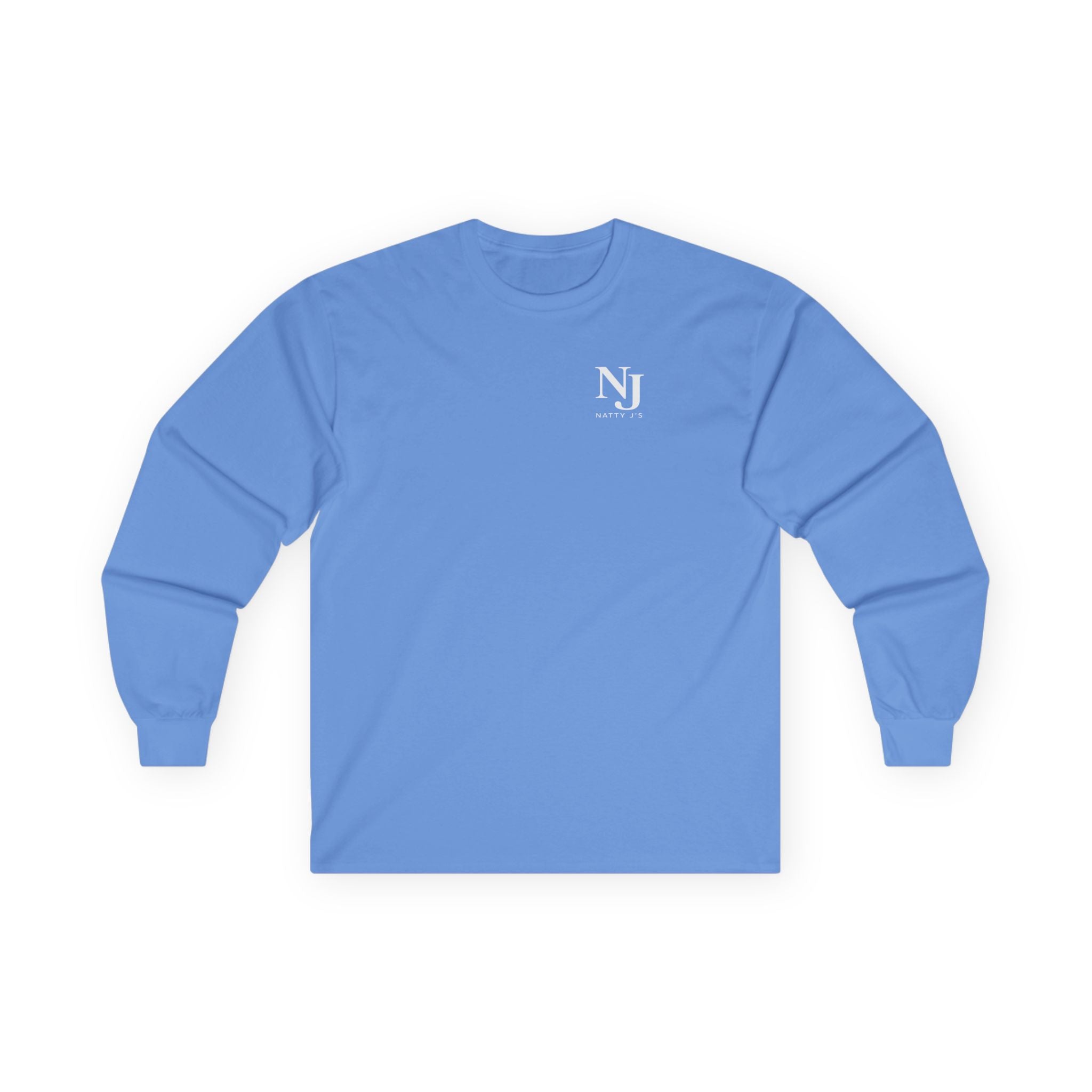 Blue long-sleeve shirt with 'NJ' logo on a white background