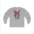 Gray long-sleeve shirt with a graphic design on the back featuring a baseball, bat, and text.