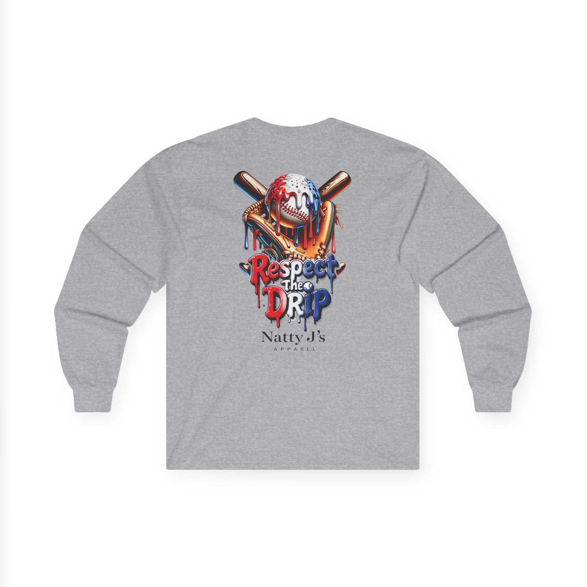 Gray long-sleeve shirt with a graphic design on the back featuring a baseball, bat, and text.