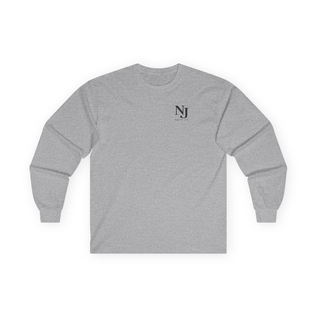Gray long-sleeve shirt with NJ logo on a white background