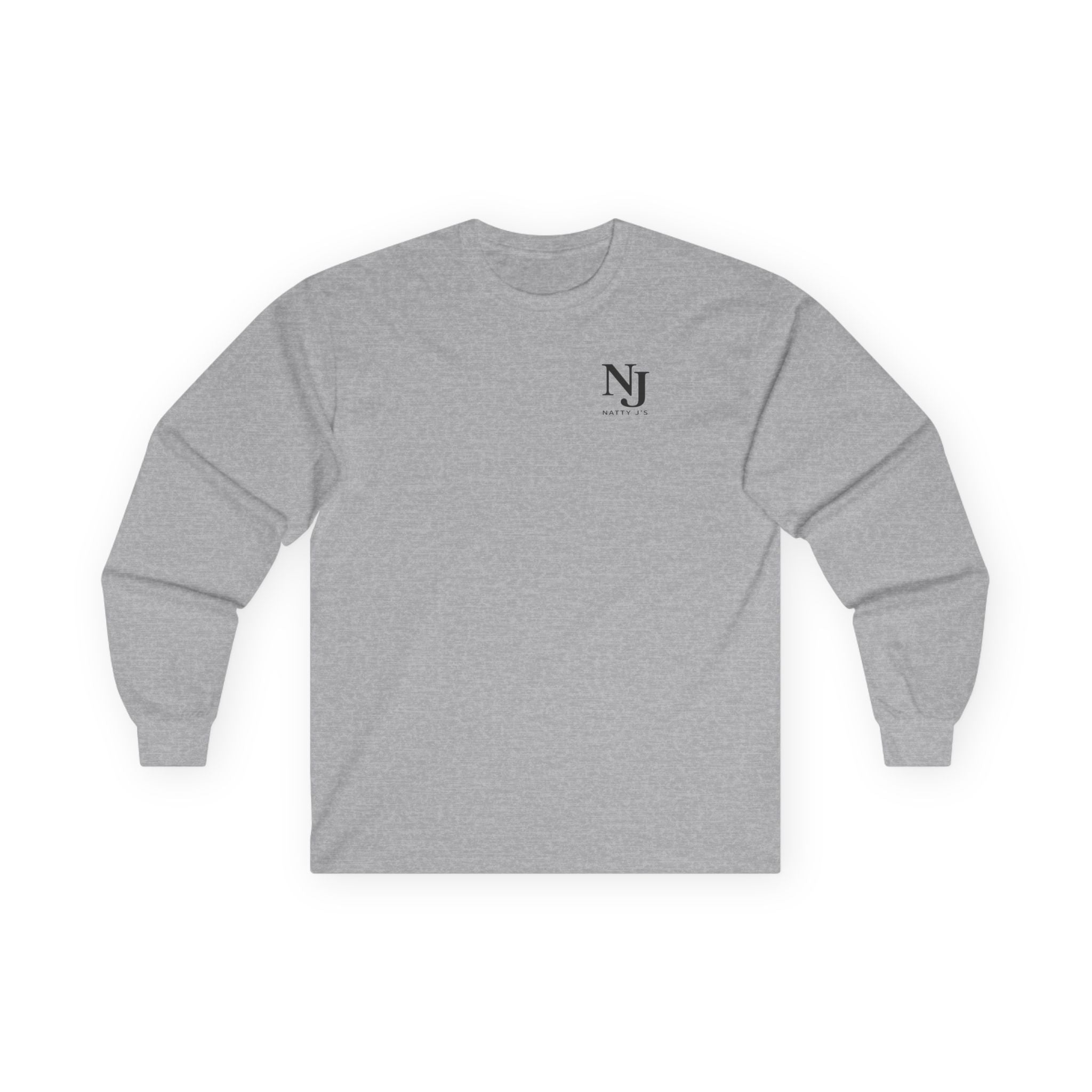 Gray long-sleeve shirt with NJ logo on a white background