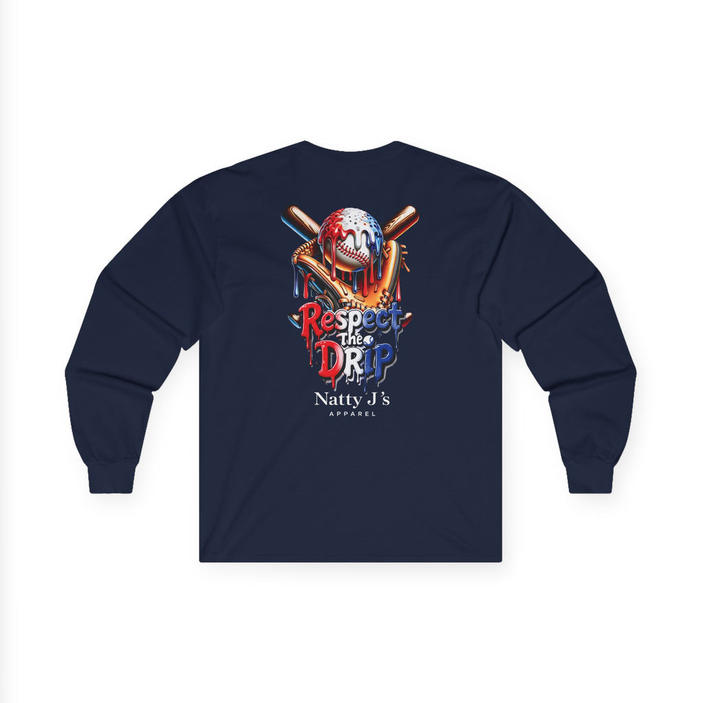 Navy blue long-sleeve shirt with a graphic design and text on the back against a white background