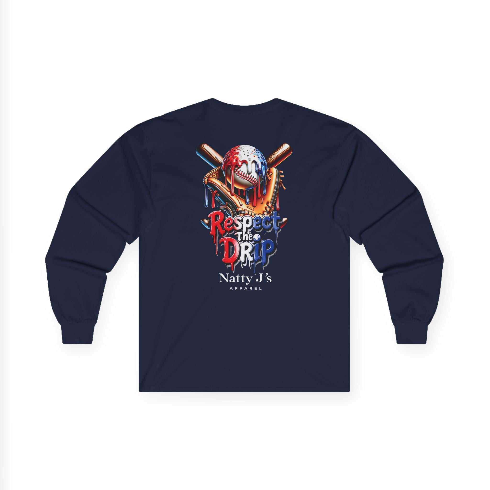 Navy blue long-sleeve shirt with a graphic design and text on the back against a white background
