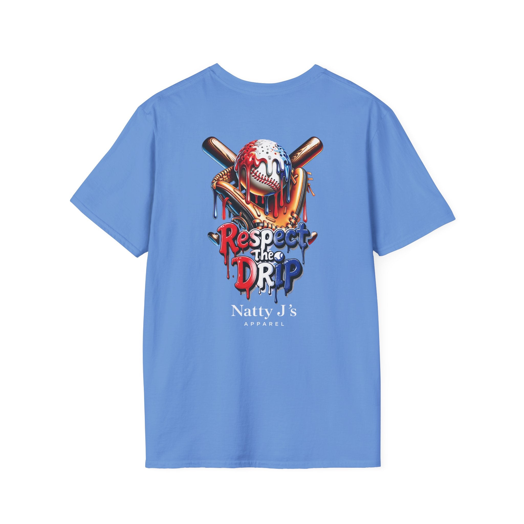 Blue t-shirt with graphic design and text on a white background