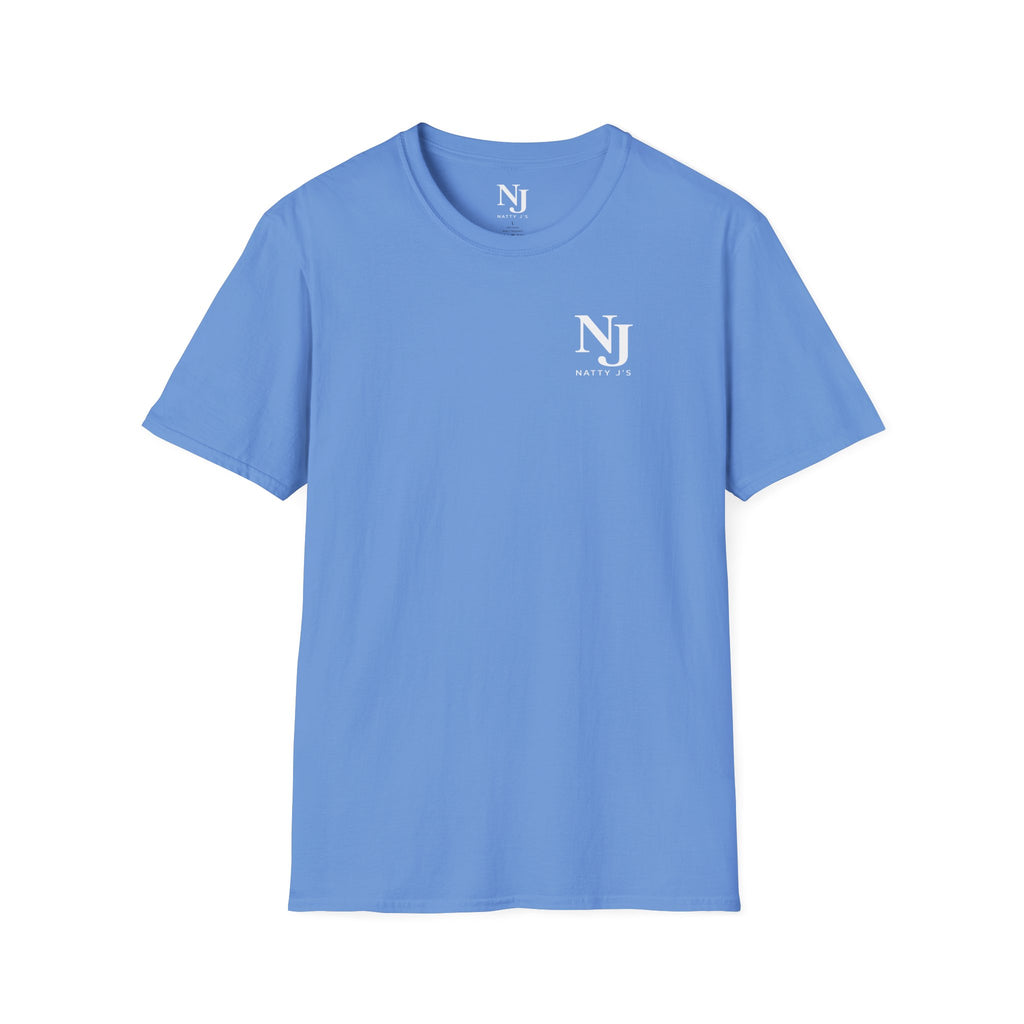 Blue t-shirt with 'NJ' text on a white background