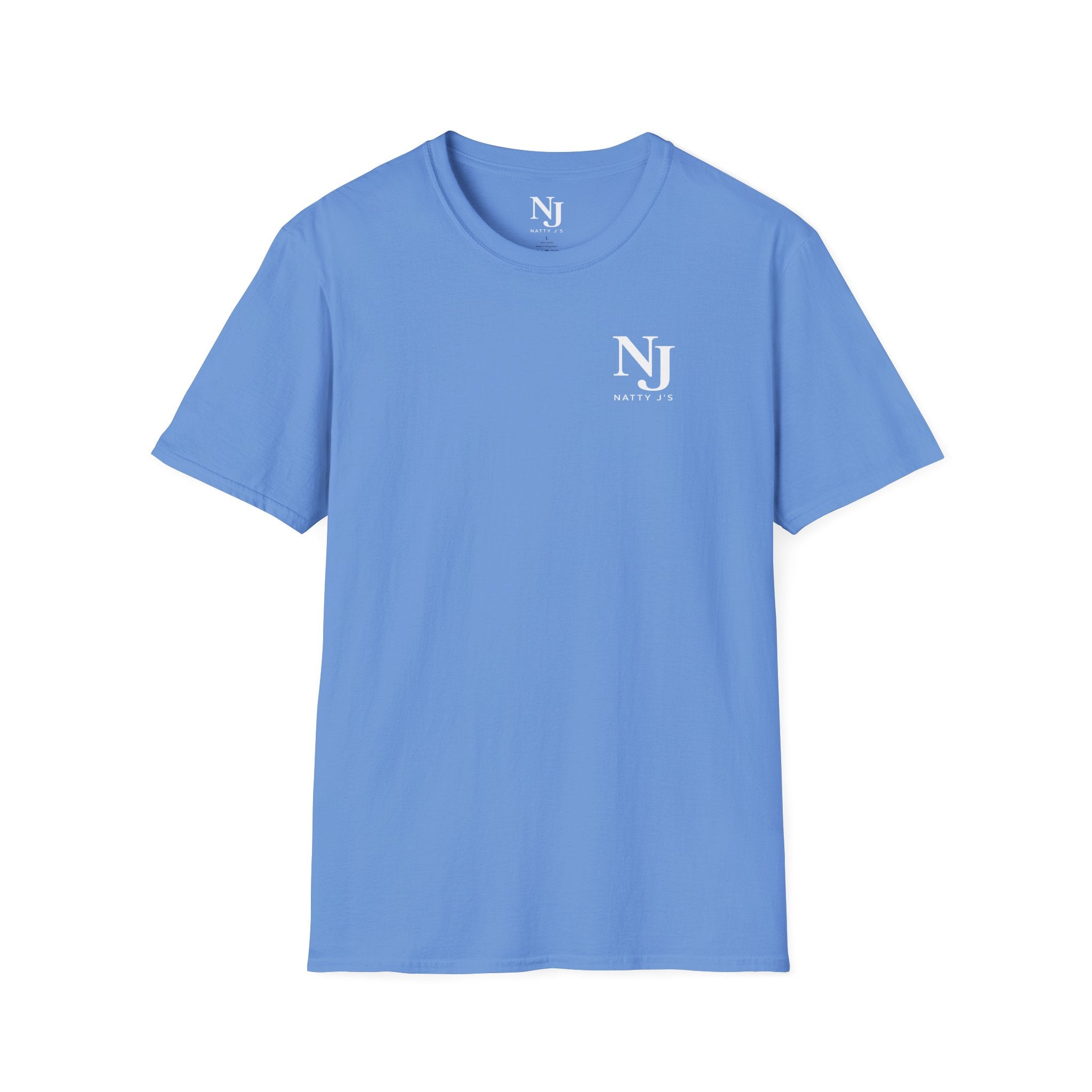 Blue t-shirt with 'NJ' text on a white background