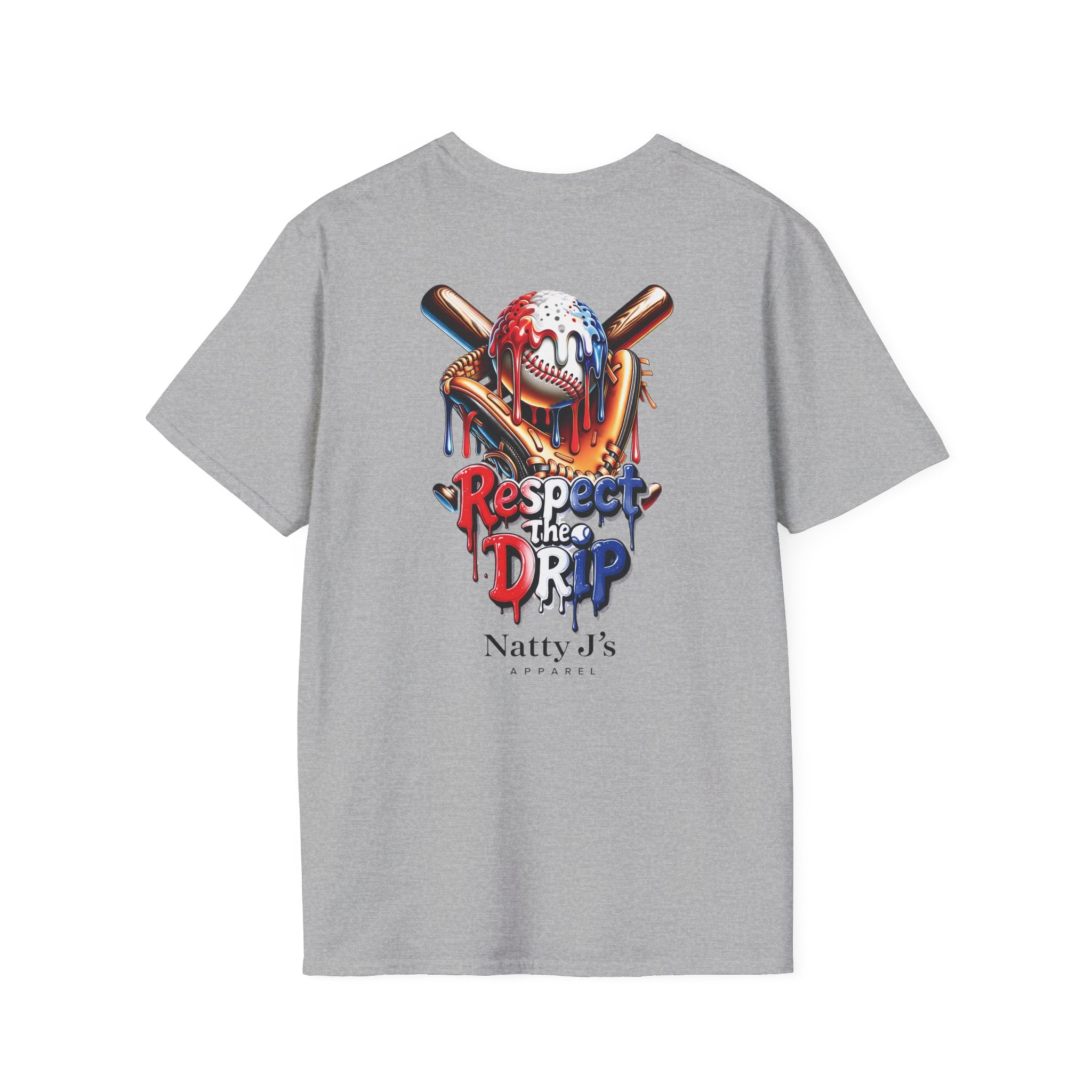 Gray t-shirt with a graphic design on the back featuring a baseball helmet, bat, and glove with text 'Respect the Drip' and 'Natty J's Apparel'.