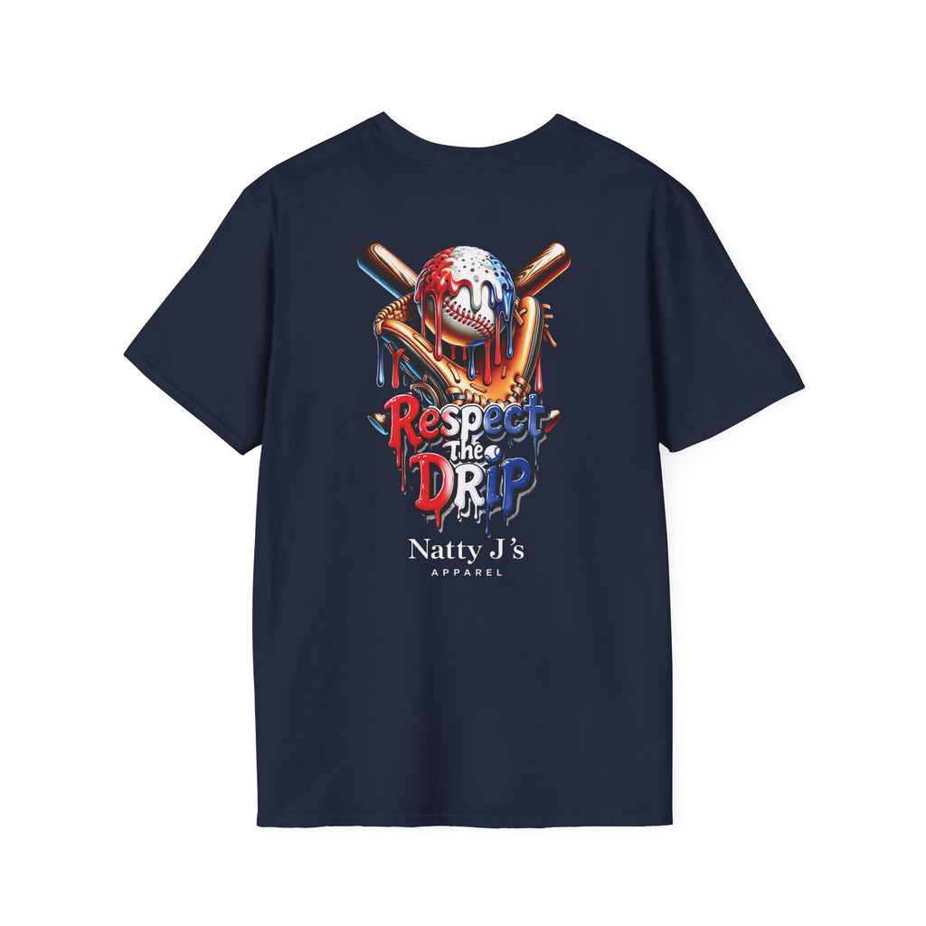 Navy blue t-shirt with graphic design and text on a white background