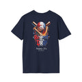 Navy blue t-shirt with graphic design and text on a white background