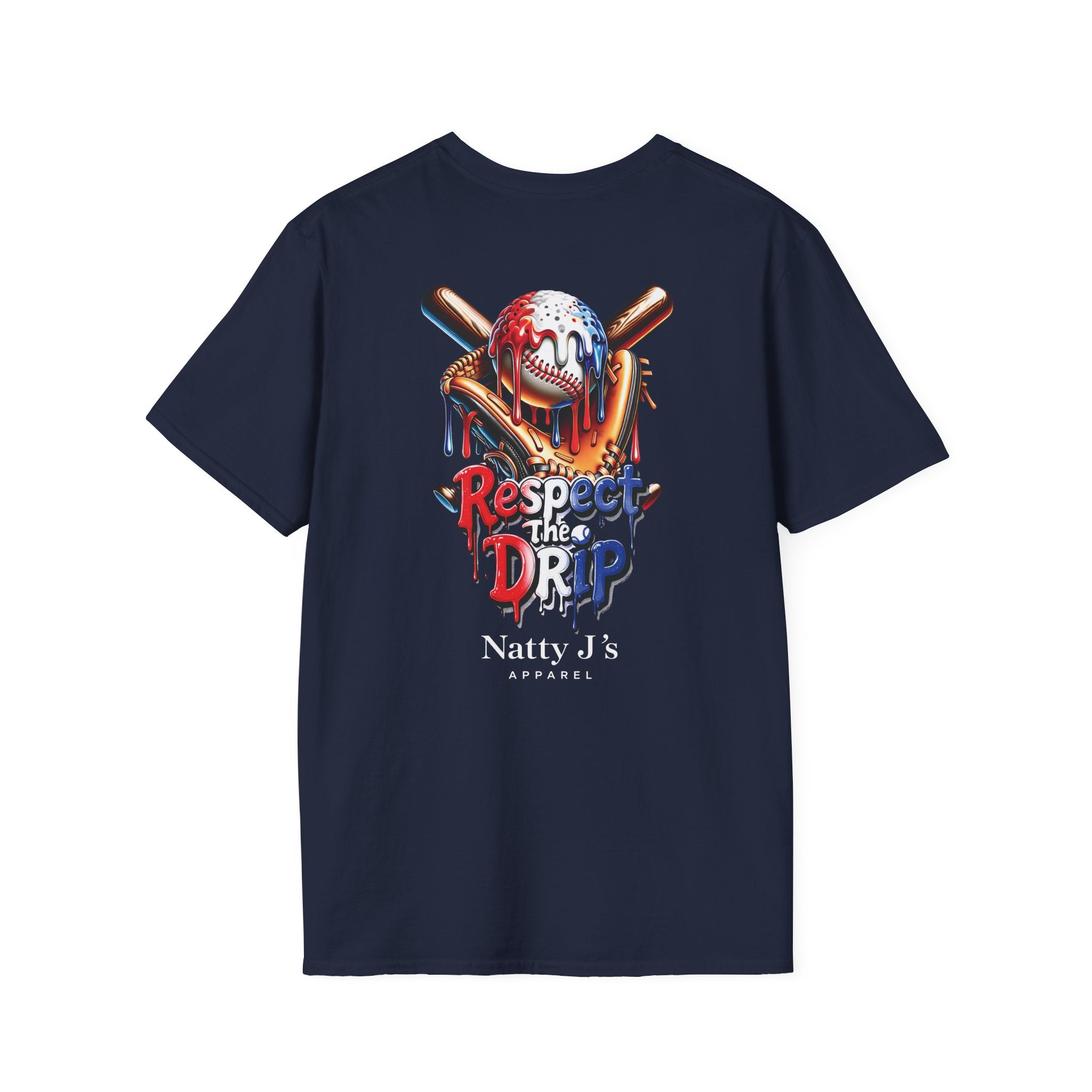 Navy blue t-shirt with graphic design and text on a white background