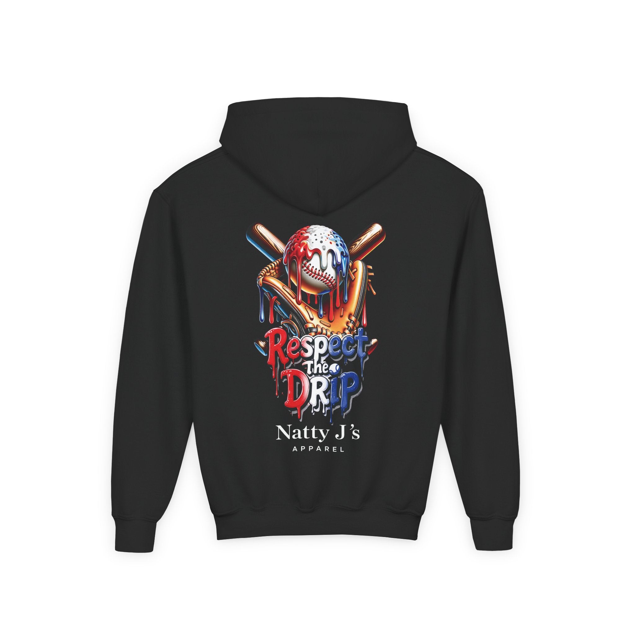 Black hoodie with a colorful graphic and text on the back, on a white background