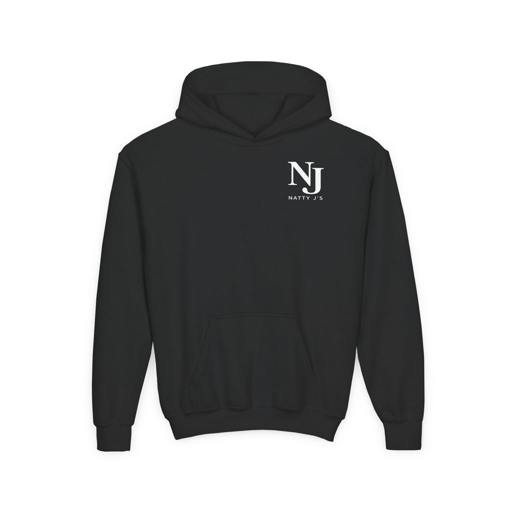 Black hoodie with a logo on the chest against a white background