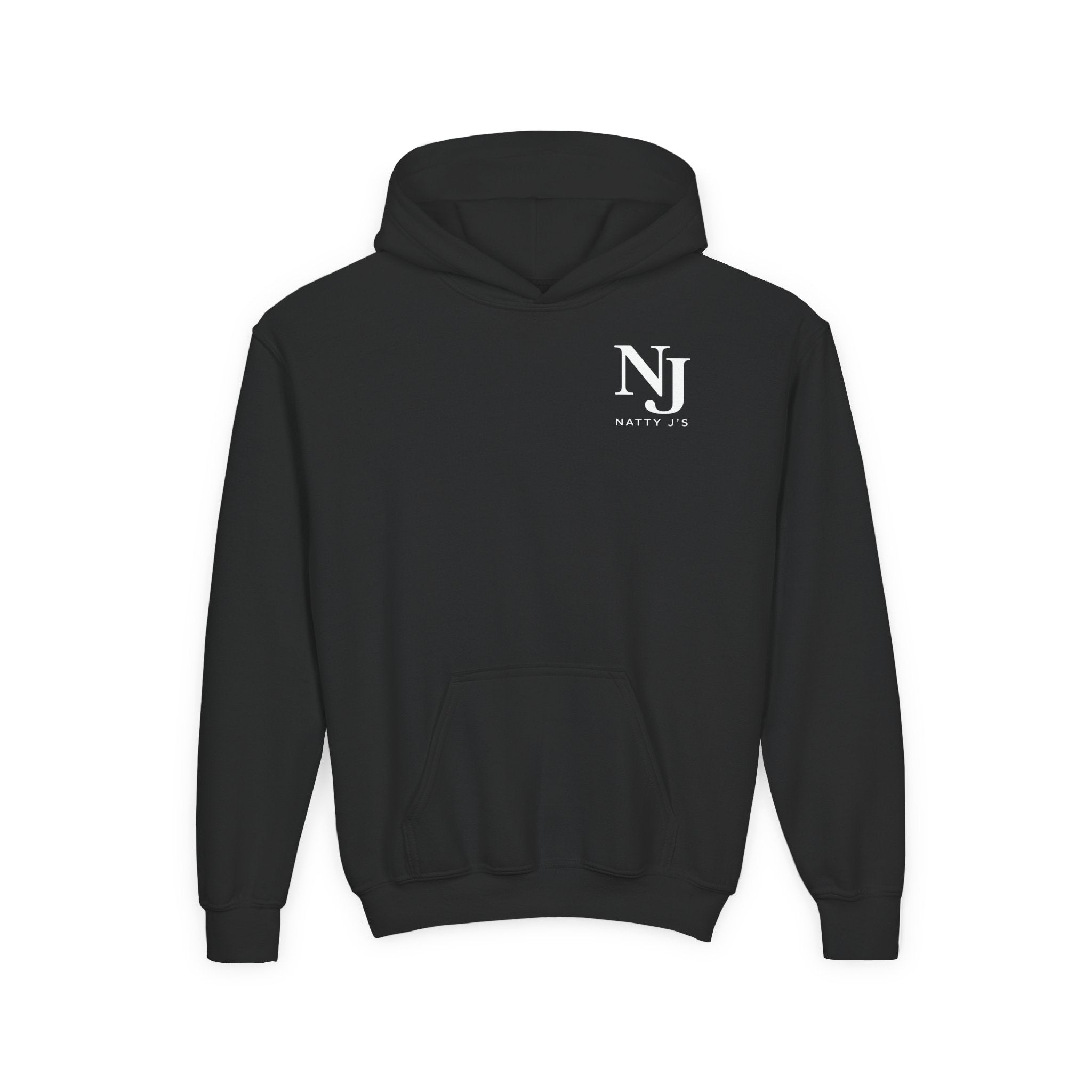 Black hoodie with a logo on the chest against a white background