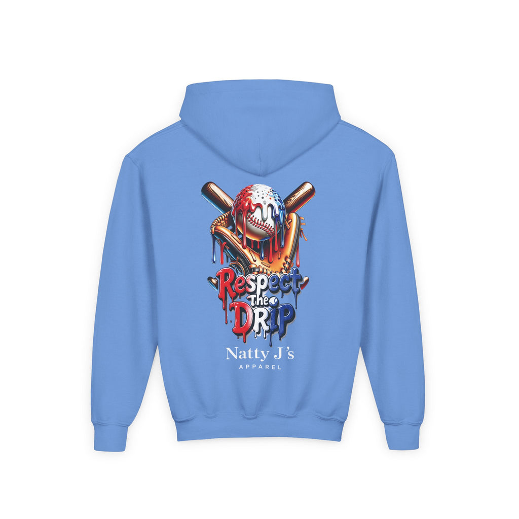 Blue hoodie with a graphic design on the back featuring a skull and crossed bats, with 'Respect the Drip' and 'Natty J's Apparel' text.