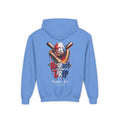 Blue hoodie with a graphic design on the back featuring a skull and crossed bats, with 'Respect the Drip' and 'Natty J's Apparel' text.
