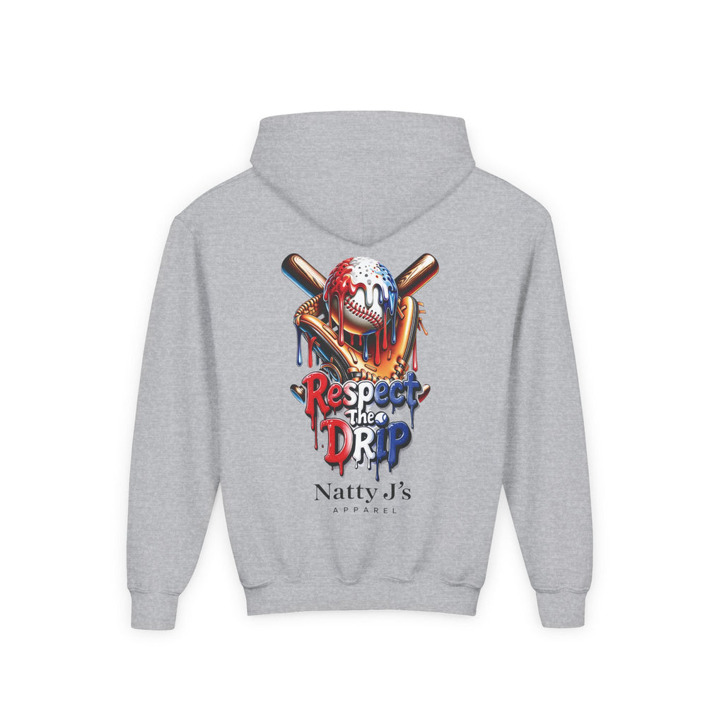 Gray hoodie with a colorful graphic and text on the back against a white background
