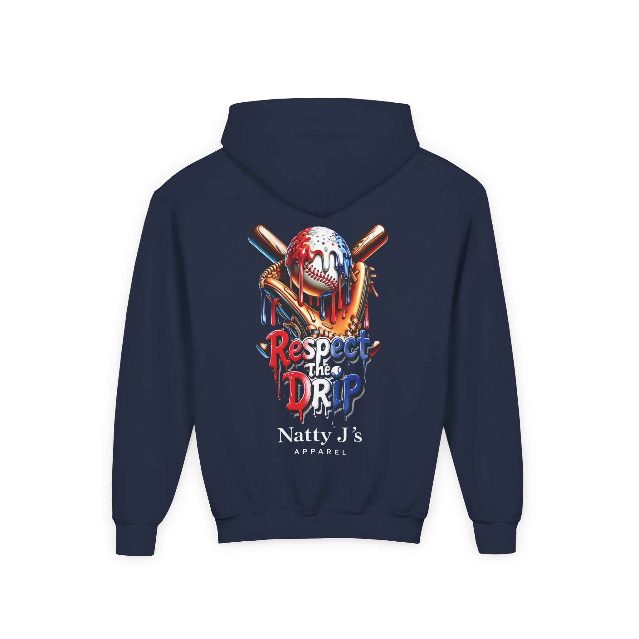 Navy blue hoodie with a graphic design on the back featuring a skull and text, on a white background.