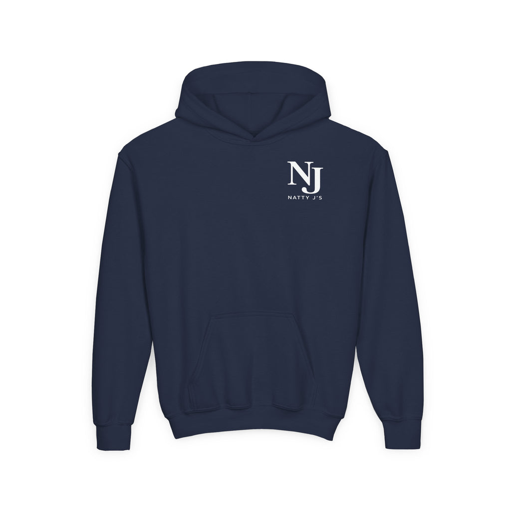 Gray hoodie with a logo on the chest against a white background