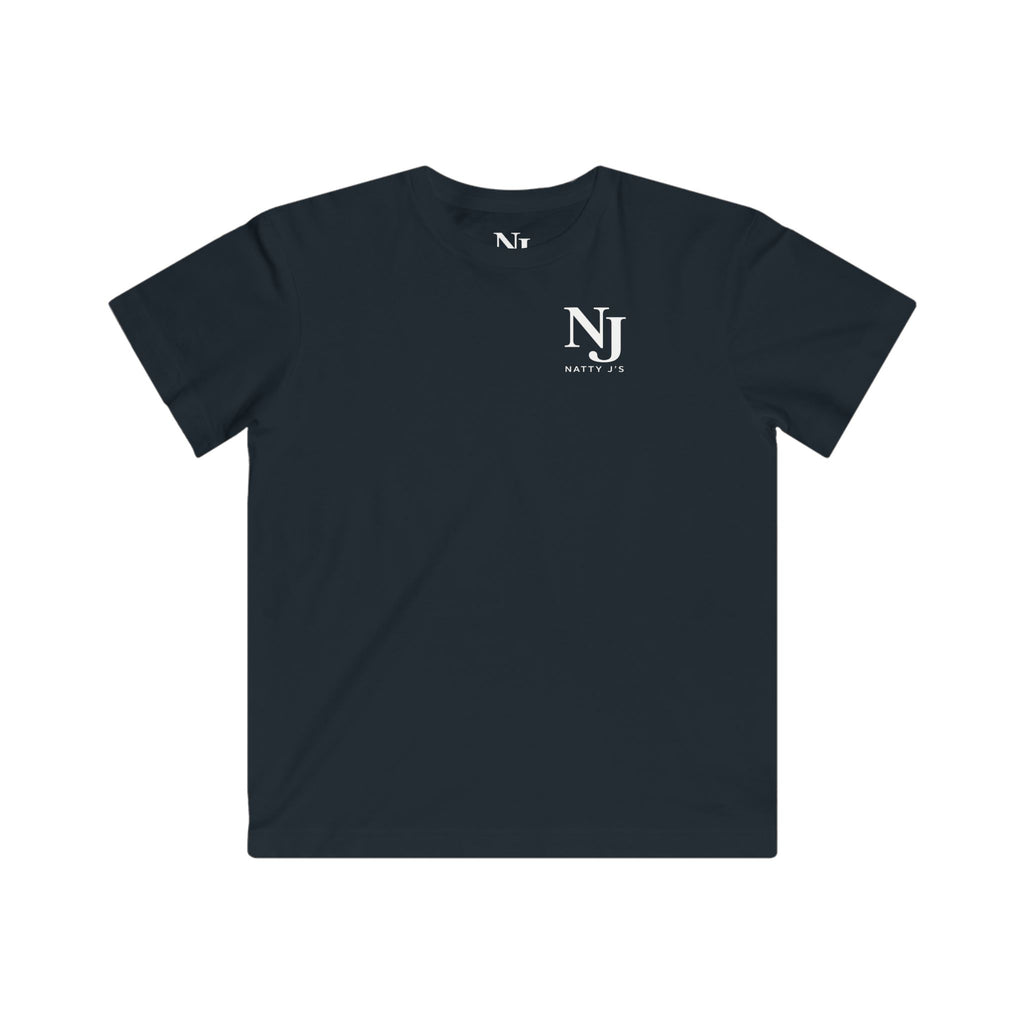 Navy blue t-shirt with a colorful graphic on the chest against a white background