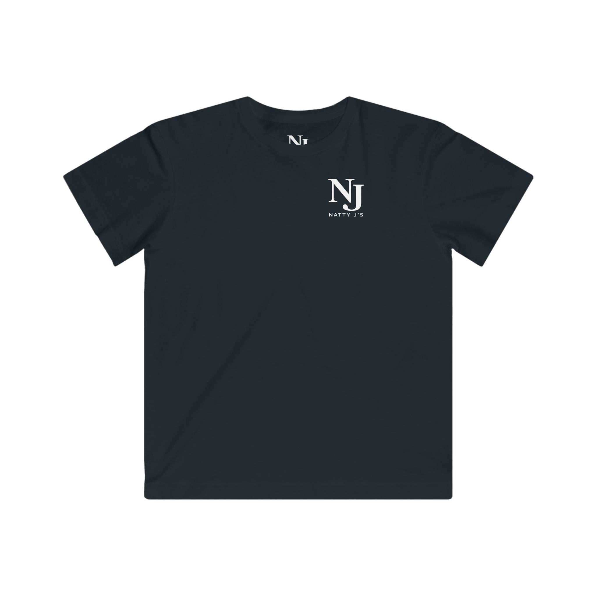 Navy blue t-shirt with a colorful graphic on the chest against a white background