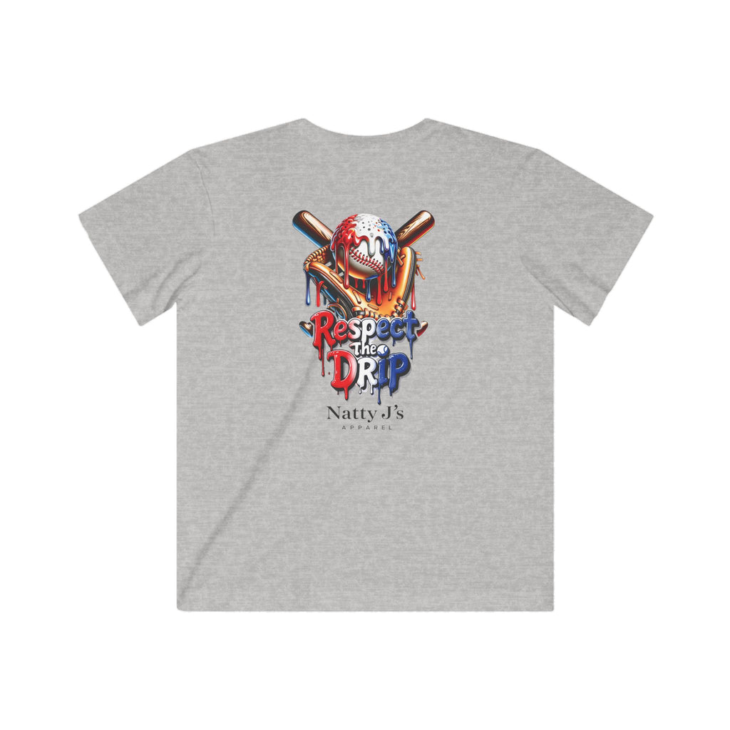 Gray t-shirt with a colorful graphic design on the back featuring a baseball helmet and bat.