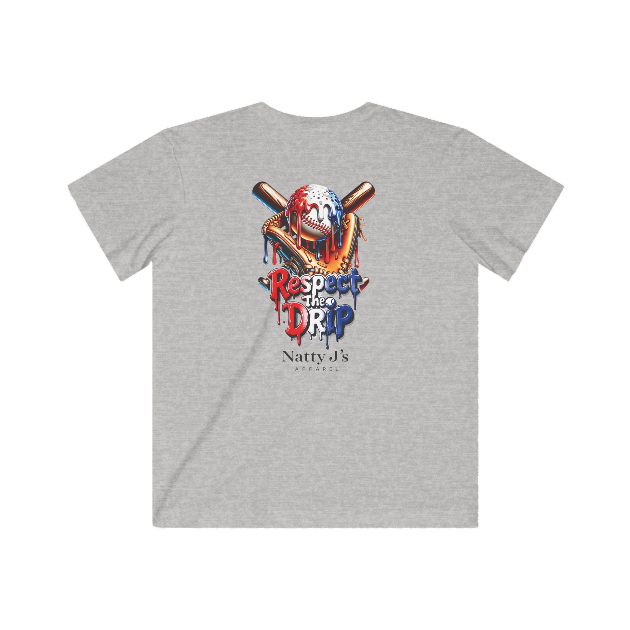 Gray t-shirt with a colorful graphic design on the back featuring a baseball helmet and bat.
