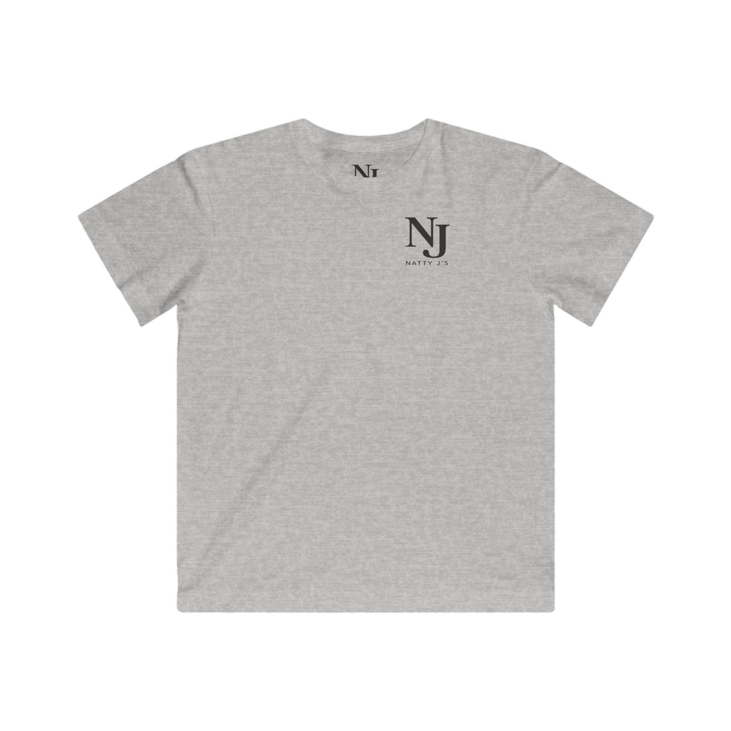 Gray t-shirt with a small logo on the chest against a white background
