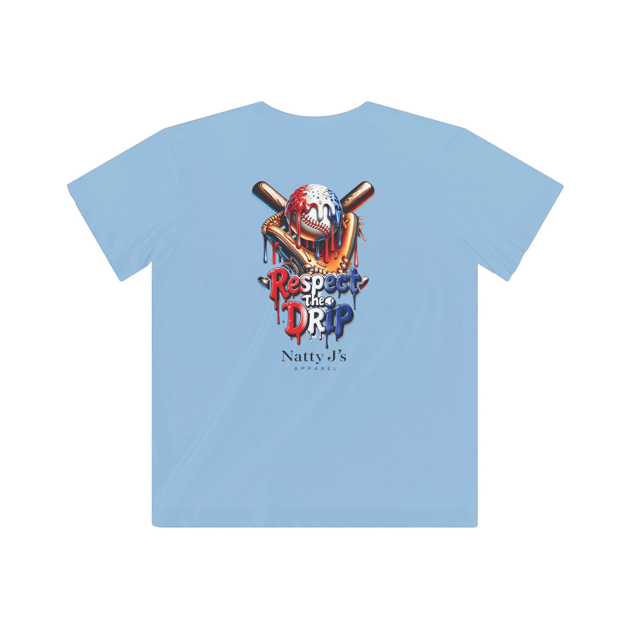 Light blue t-shirt with colorful graphic design on a white background
