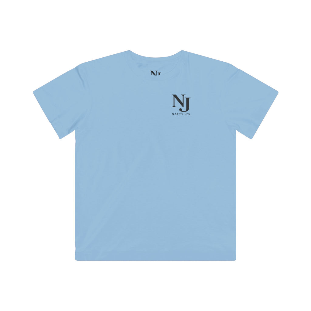 Light blue t-shirt with a small logo on the chest against a white background