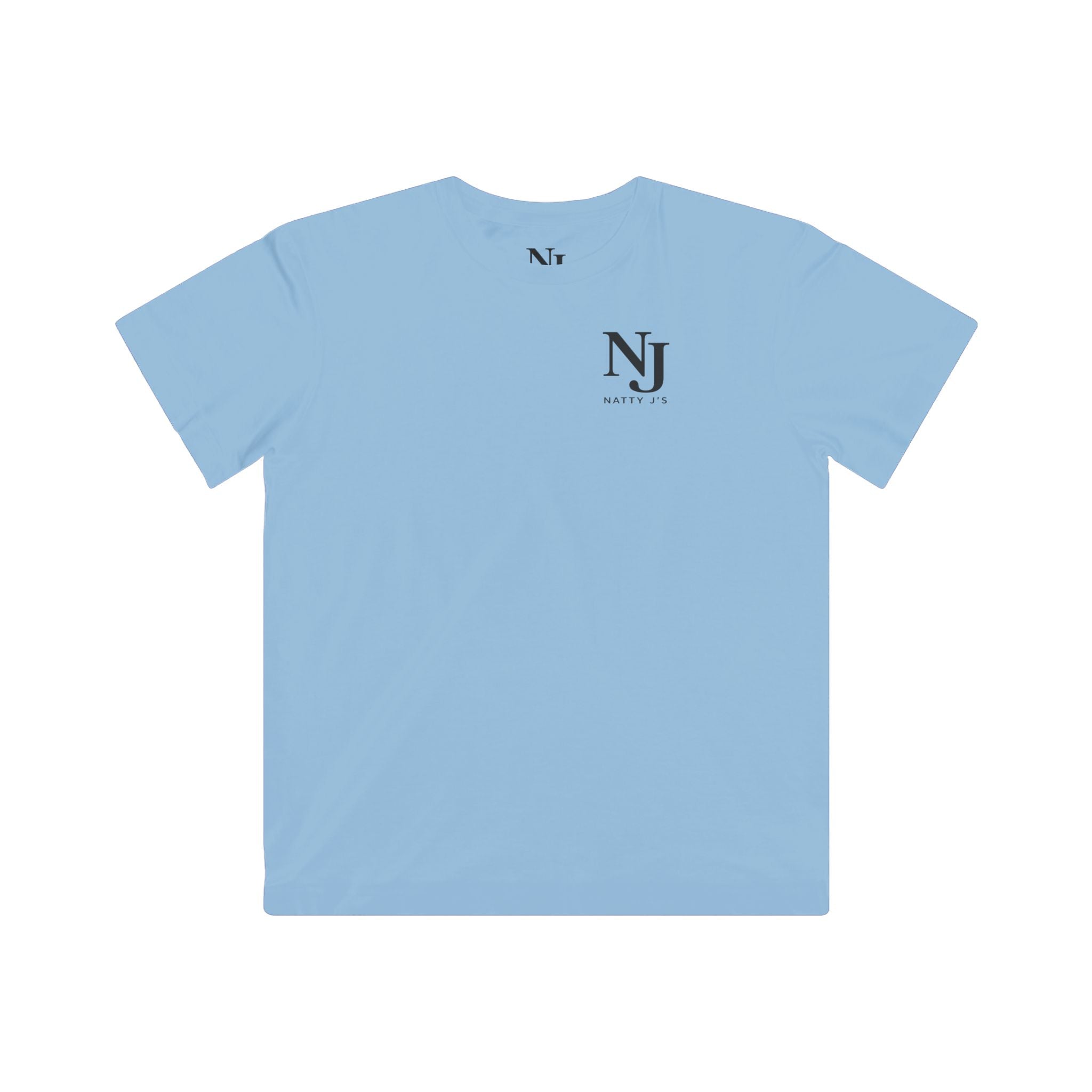 Light blue t-shirt with a small logo on the chest against a white background