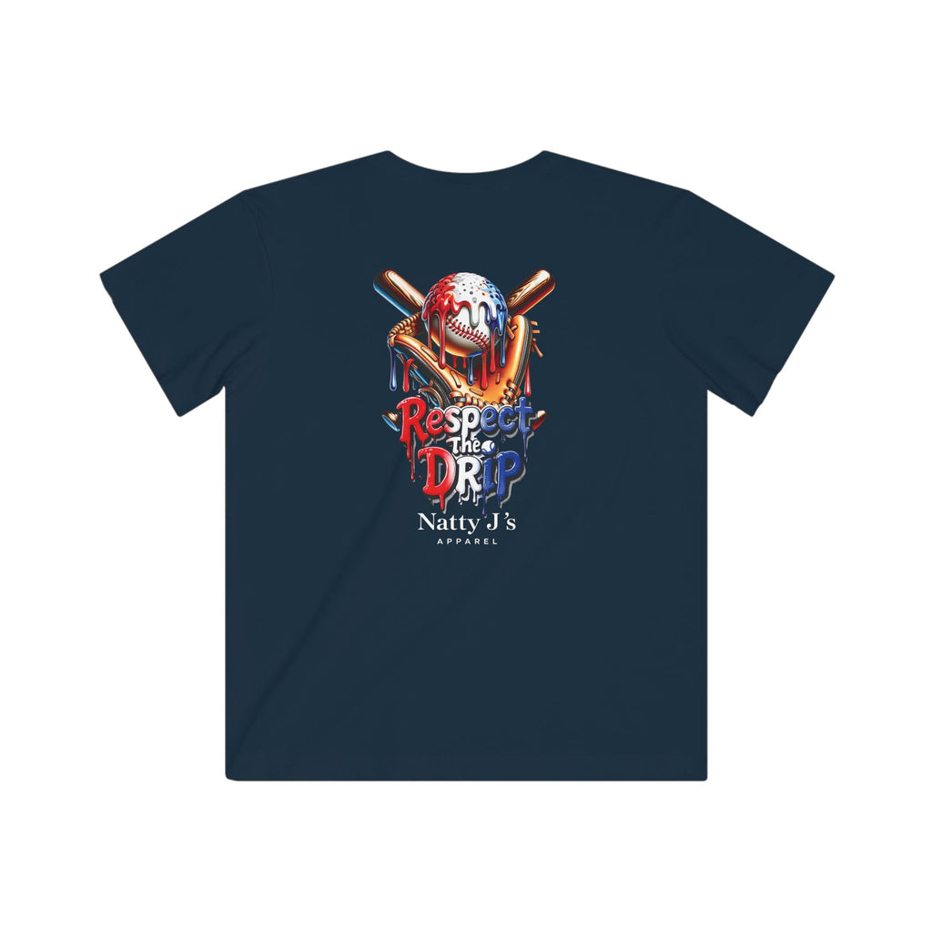 Navy blue t-shirt with graphic design and text on a white background