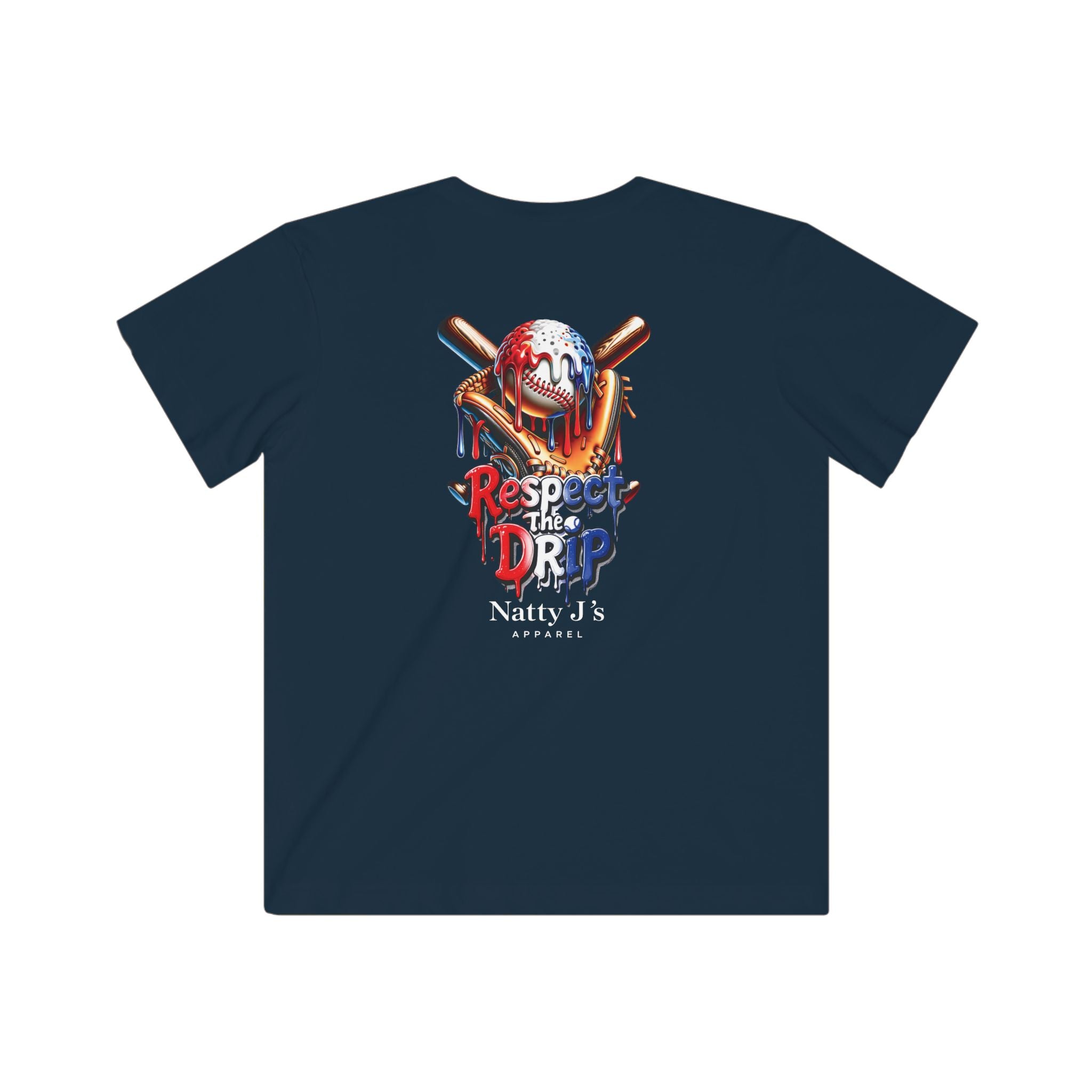 Navy blue t-shirt with graphic design and text on a white background