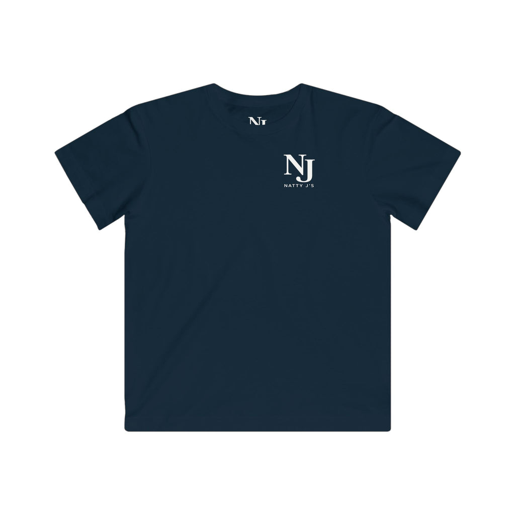 Navy blue t-shirt with a logo on the chest against a white background