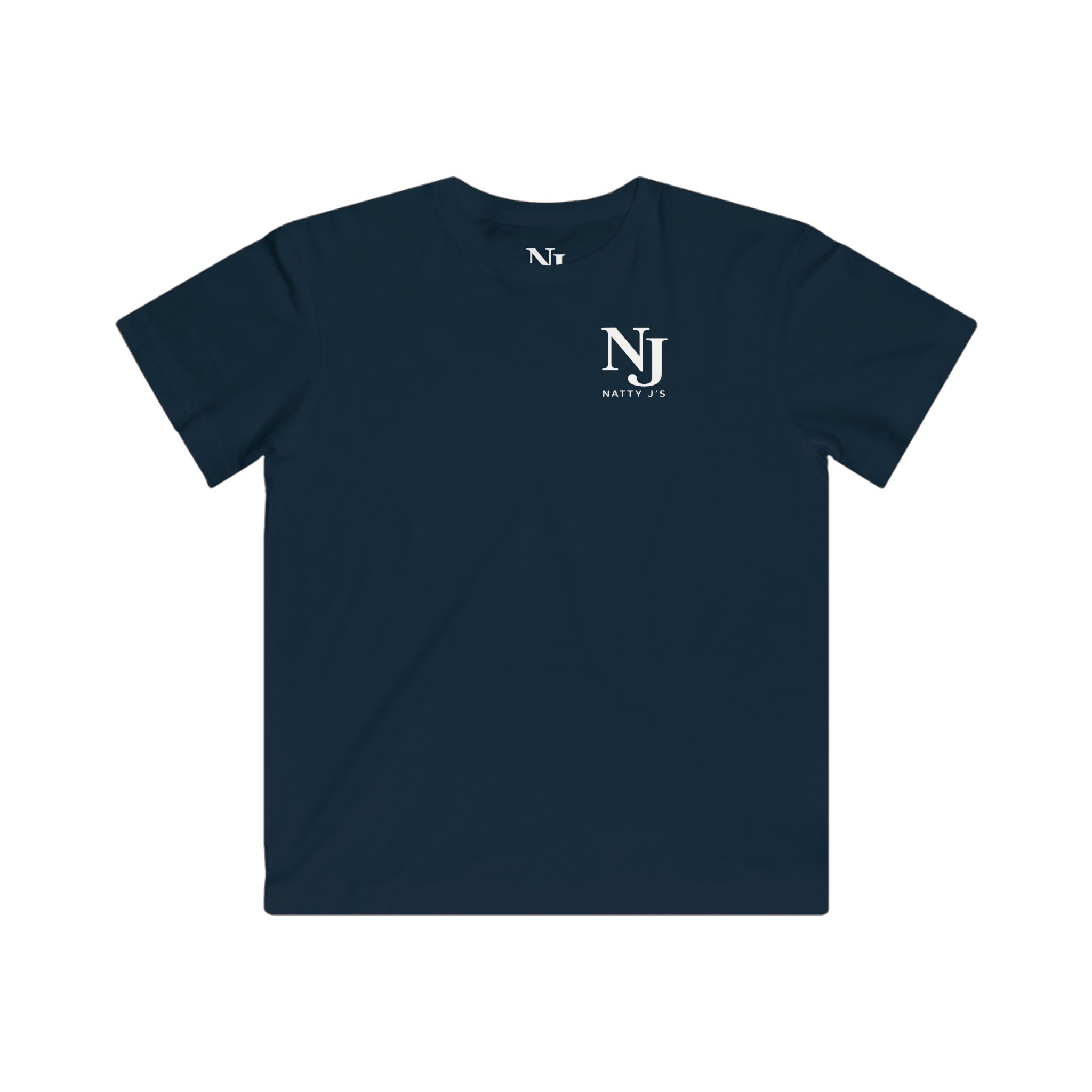 Navy blue t-shirt with a logo on the chest against a white background