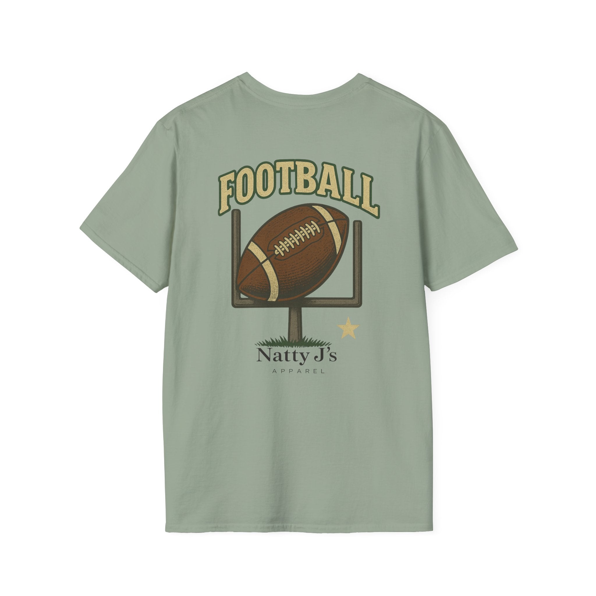 Green t-shirt with football graphic and 'Natty J's' branding on a white background