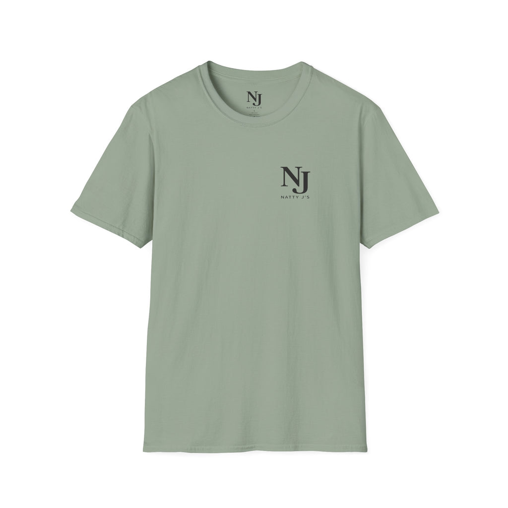Sage Green t-shirt with Natty J's Apparel left chest logo 'NJ' text on a white background