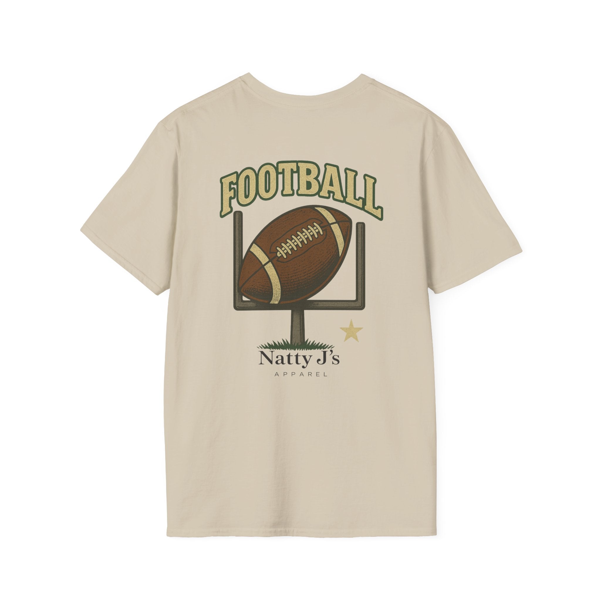 Beige t-shirt with football graphic and 'Natty J's Apparel' logo on a white background